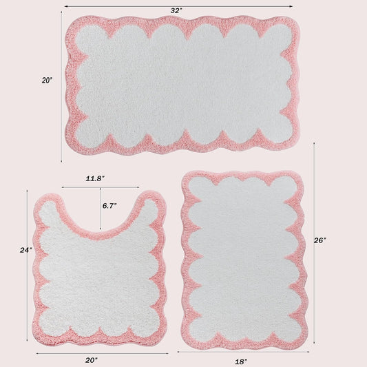 Urltmaji Scalloped Bathroom Rugs Sets 3 Piece, Non-Slip Cute Bath Mat with U-Shaped Contour Quick Dry Absorbent Plush Microfiber Pink Toilet Mats Fun Machine Washable Bath Rug for Sink Tub Shower
