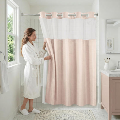 Americanflat 72x75 Hookless Waffle Pattern Shower Curtain - Water-Resistant Long Shower Curtain with Sheer Panel, Snap-in Liner, and Durable Grommets - 100% Polyester - Pink