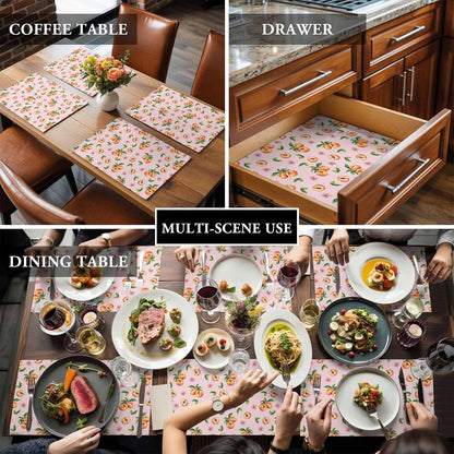 Pink Peaches Placemat Set of 6 Non-Slip Placemats for Dining Table Flowers Summer Fruit Washable Table Mats, Heat Resistant Kitchen Table Mats for Party, Dining Room & Home Decor