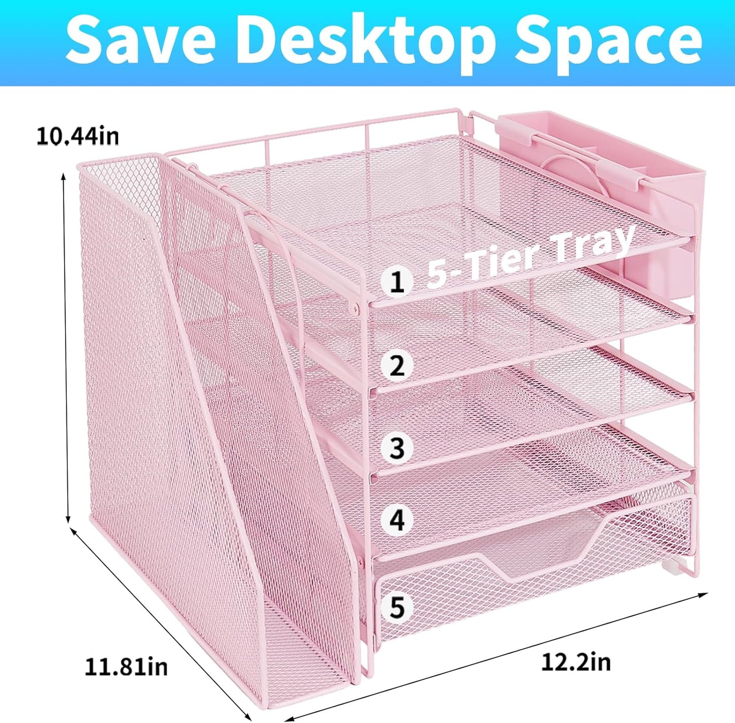 Desk Organizers and Accessories, 5-Tier Paper Letter Tray Organizer with File Holder, Drawer & Pen Holder, Office Desk Accessories, Desktop Organizer for Classroom Office Supplies, Pink