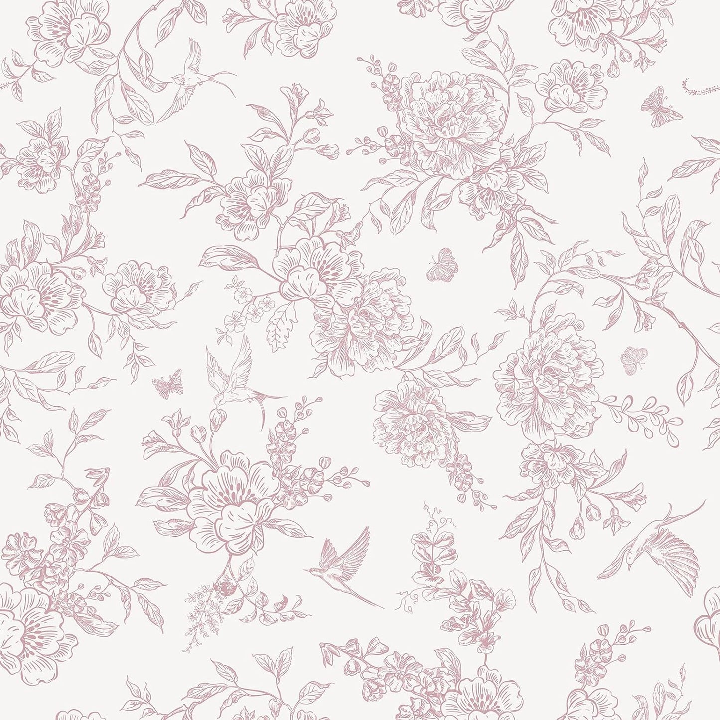 VEELIKE Dusty Pink Chinoiserie Floral Peel and Stick Wallpaper Vintage Toile Wallpaper 17.7''x118'' Self Adhesive Contact Paper Removable Cottage Bird Flower Wall Paper for Bedroom Nursery Bathroom