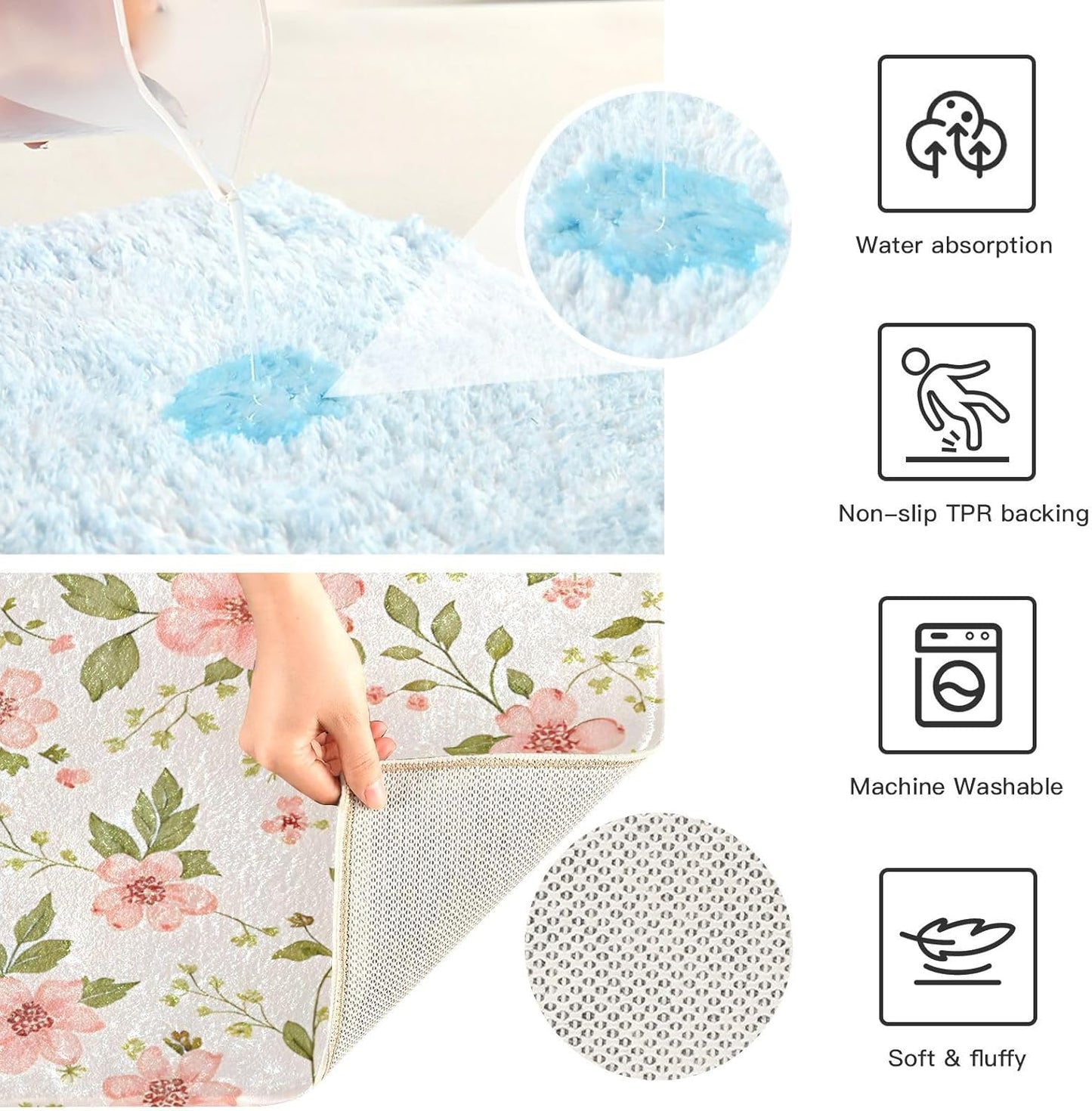 Pink Flowers Bathroom Mat Rug 24" x 16" Non Slip Super Absorbent Quick Dry Bath Mats for Bathtub Fluffy Rugs