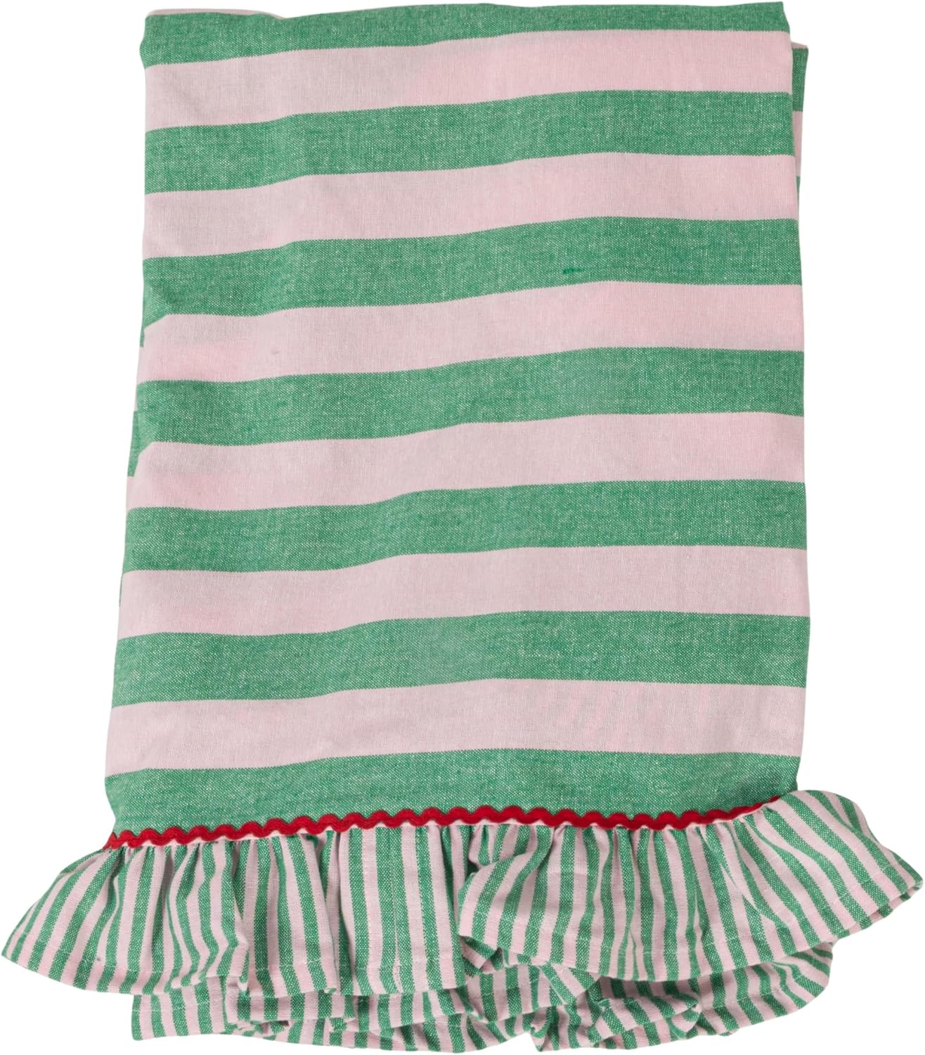 Creative Co-Op Woven Cotton Striped Tablecloth with Ruffle & RIC Rac Trim, Green & Pink