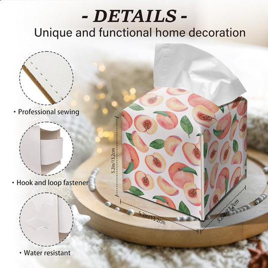 Peach Pattern Tissue Box Cover Square Decorative Holder Watercolor Fruit Kitchen Bathroom Summer Home Decor