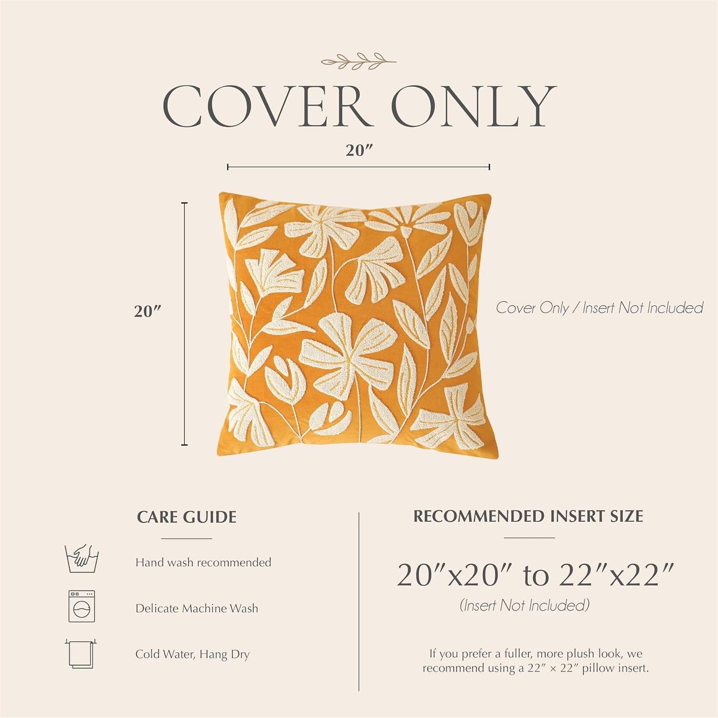 BlissBlush Throw Pillow Cover 20x20 Inch, Mustard Floral Tufted Velvet Decorative Accent Pillow Case for Sofa Bed Living Room, Cover Only