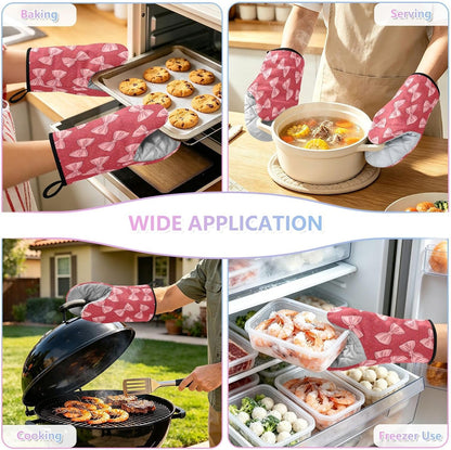 Red Pink Bows Non-Slip Oven Mitts Set Heat Resistant Kitchen Gloves with Quilted Liner Cotton Machine Washable with Hanging Loop for Baking Grilling BBQ
