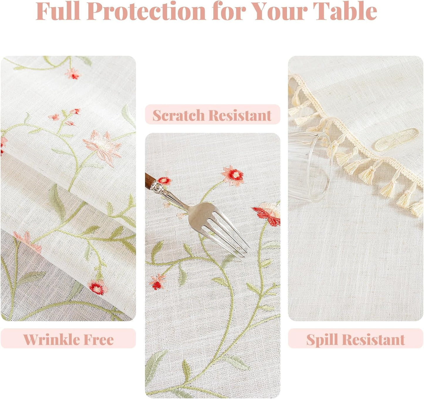Alsoo Rectangle Tablecloth 55" x 90", Pink Floral Embroidered Table Cloth with Tassels, Farmhouse Rustic Linen Style, Heavy Weight Wrinkle & Spill Resistant Table Cover for Dining Kitchen (6-8 Seats)