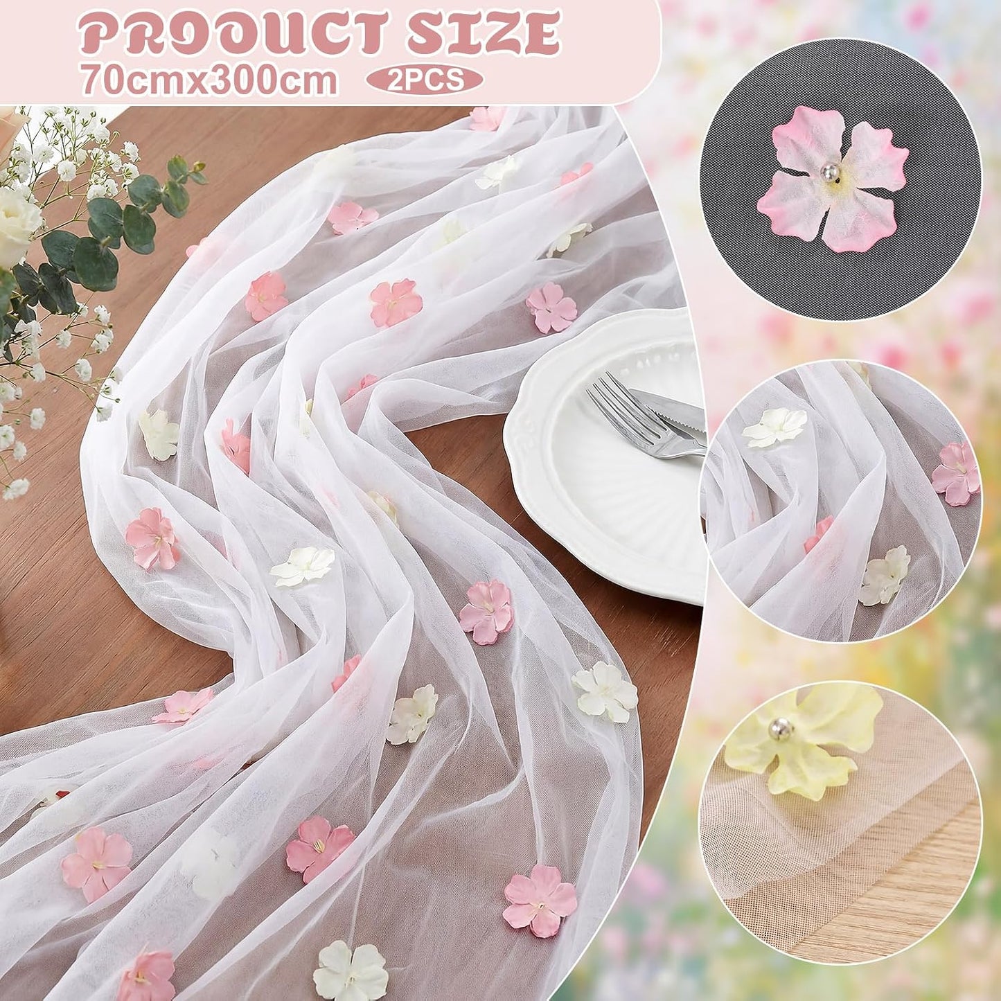 Remagr 9.8 ft Pink Flower Table Runner Embroidery Seasonal Table Decorations Tulle Fabric for Home Indoor Decor, Bridal Shower Wedding, Baby Shower Parties, Holiday DIY Craft Kitchen Decor