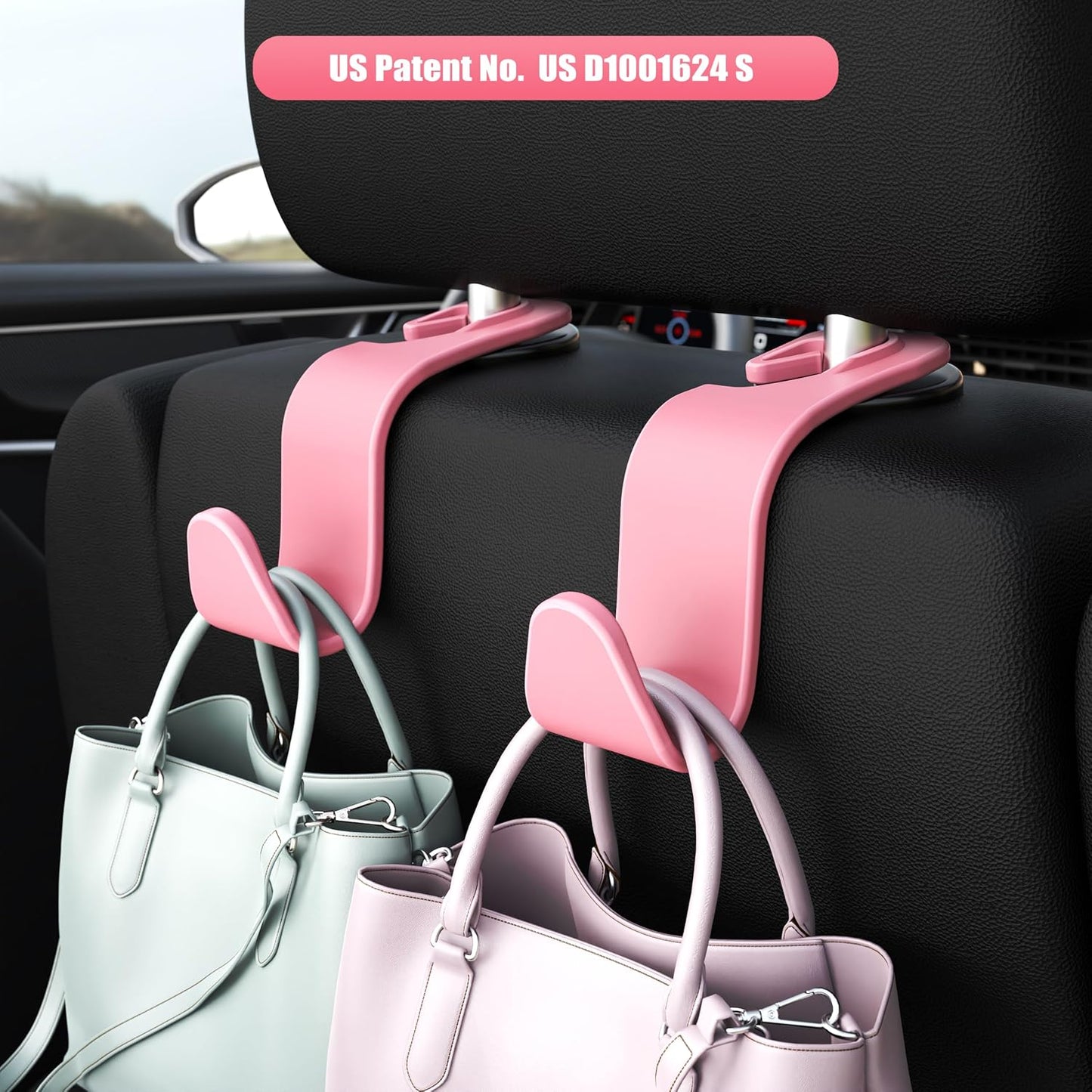Amooca Car Seat Headrest Hook 4 Pack Hanger Storage Organizer Universal for Handbag Purse Coat Universal fit Vehicle Car Pink with Clip