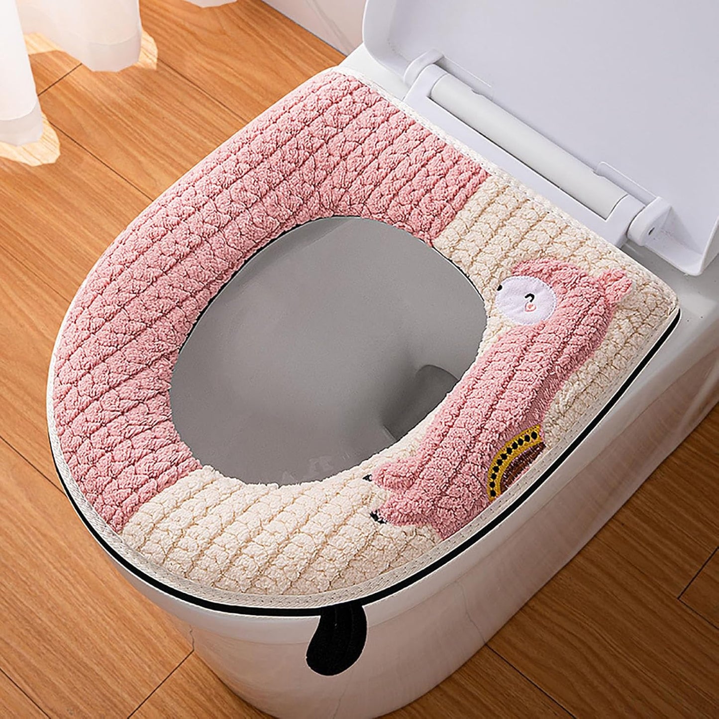 Toilet Seat Cover with Handle and Zipper, Thicker Warm Soft Plush Toilet Seat Cover Pad for Bathroom Easy Installation & Washable (Pink)
