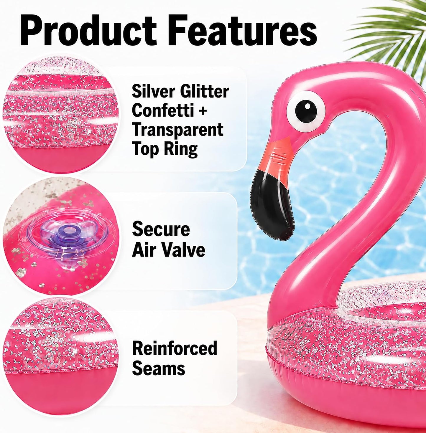 GiftExpress 48" Inflatable Glitter Pink Flamingo Pool Float, Swim Party Toys, Fun Beach Floaties, Summer Pool Lilo Lounger for Adults & Kids, Pool Party Favor 1 Pack