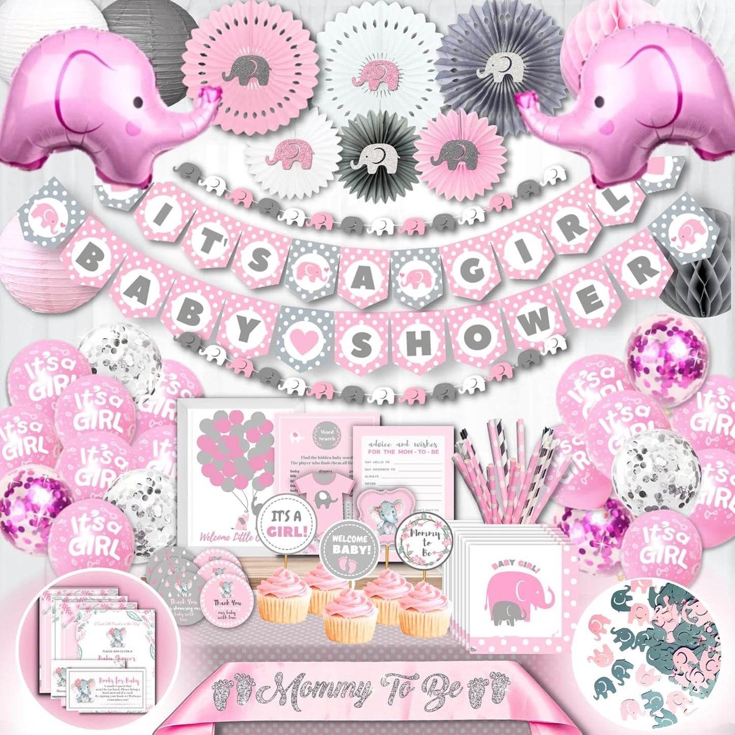 697 Pc Pink Elephant Baby Shower Decorations for Girl - Premium Set | Includes It's a Girl banner, elephant garland, guest book, sash, cake toppers, balloons, napkins, straws, fans & games