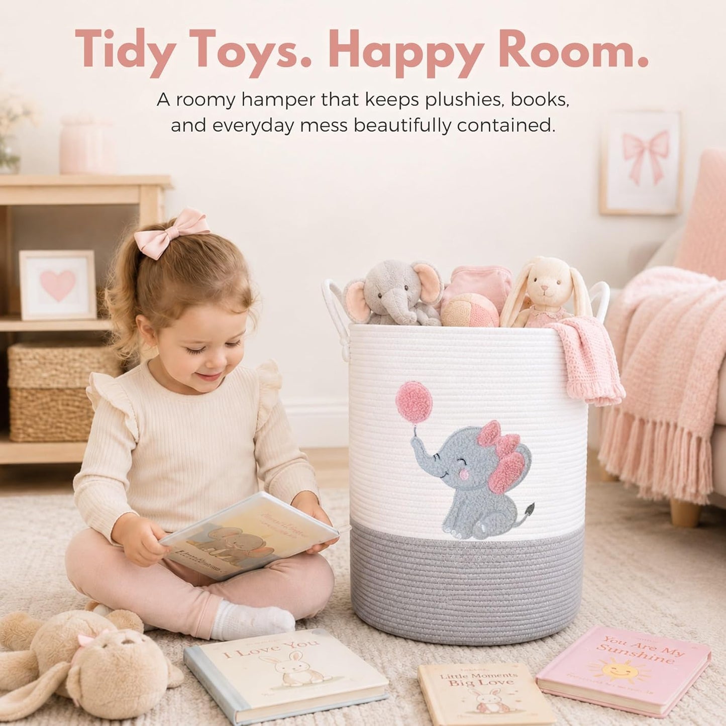 Elephant Laundry Hamper for Baby Girl Nursery – 20"x15" Cotton Rope Basket with Handles – Pink Baby Clothes Hamper, Blanket Storage, Stuffed Animal Organizer, Nursery Decor for Girls