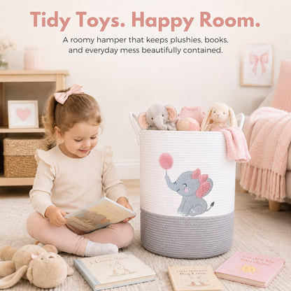 Elephant Laundry Hamper for Baby Girl Nursery – 20"x15" Cotton Rope Basket with Handles – Pink Baby Clothes Hamper, Blanket Storage, Stuffed Animal Organizer, Nursery Decor for Girls