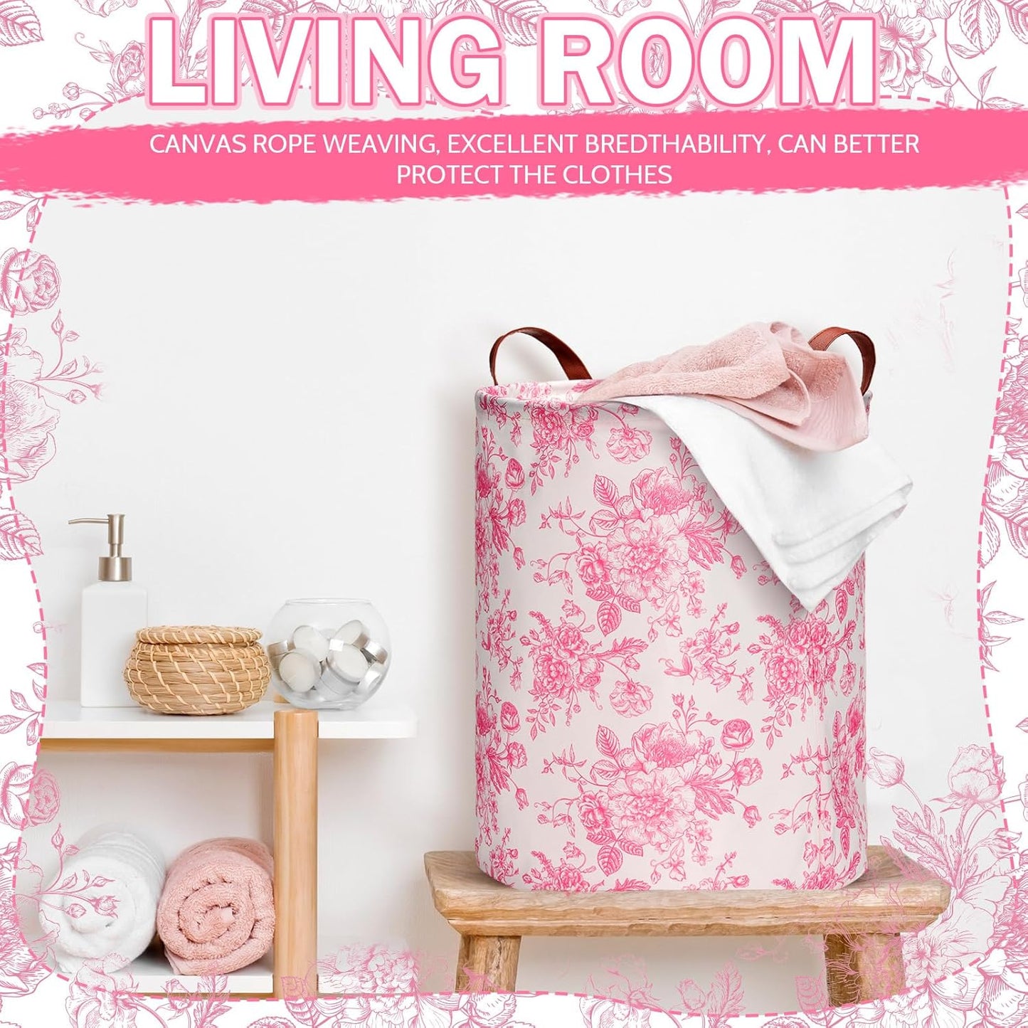 CroBlissful 2 Pcs Pink Floral Laundry Basket Coquette Storage Basket for Girls Nursery Hamper with Handles Foldable Waterproof Collapsible Storage Bin Organizer for College Dorms Bathroom