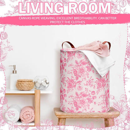 CroBlissful 2 Pcs Pink Floral Laundry Basket Coquette Storage Basket for Girls Nursery Hamper with Handles Foldable Waterproof Collapsible Storage Bin Organizer for College Dorms Bathroom