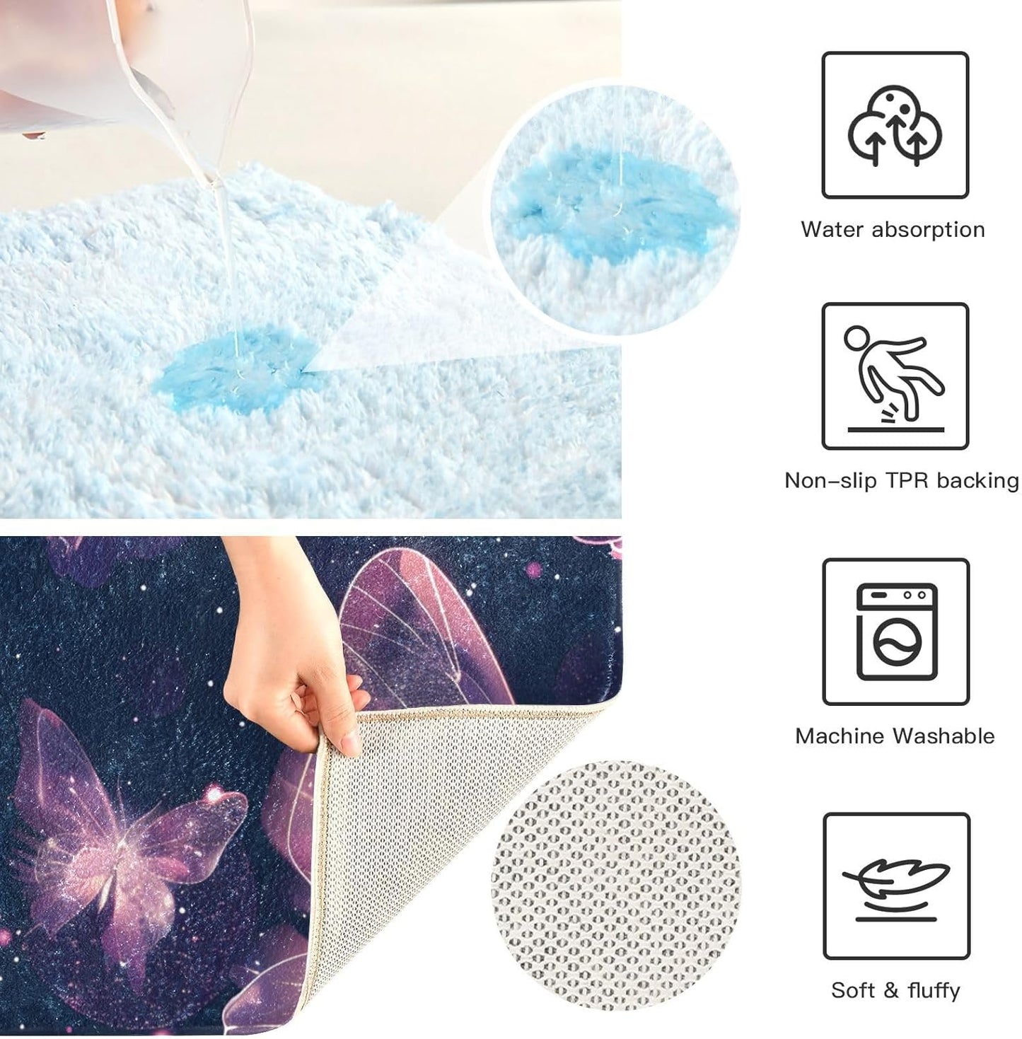 ALAZA Light-Pink Butterfly Starry U Shape Toilet Bath Mat for Bathroom Contour Rug Carpet, Fluffy & Absorbent Fluffy Absorbent & Machine Washable
