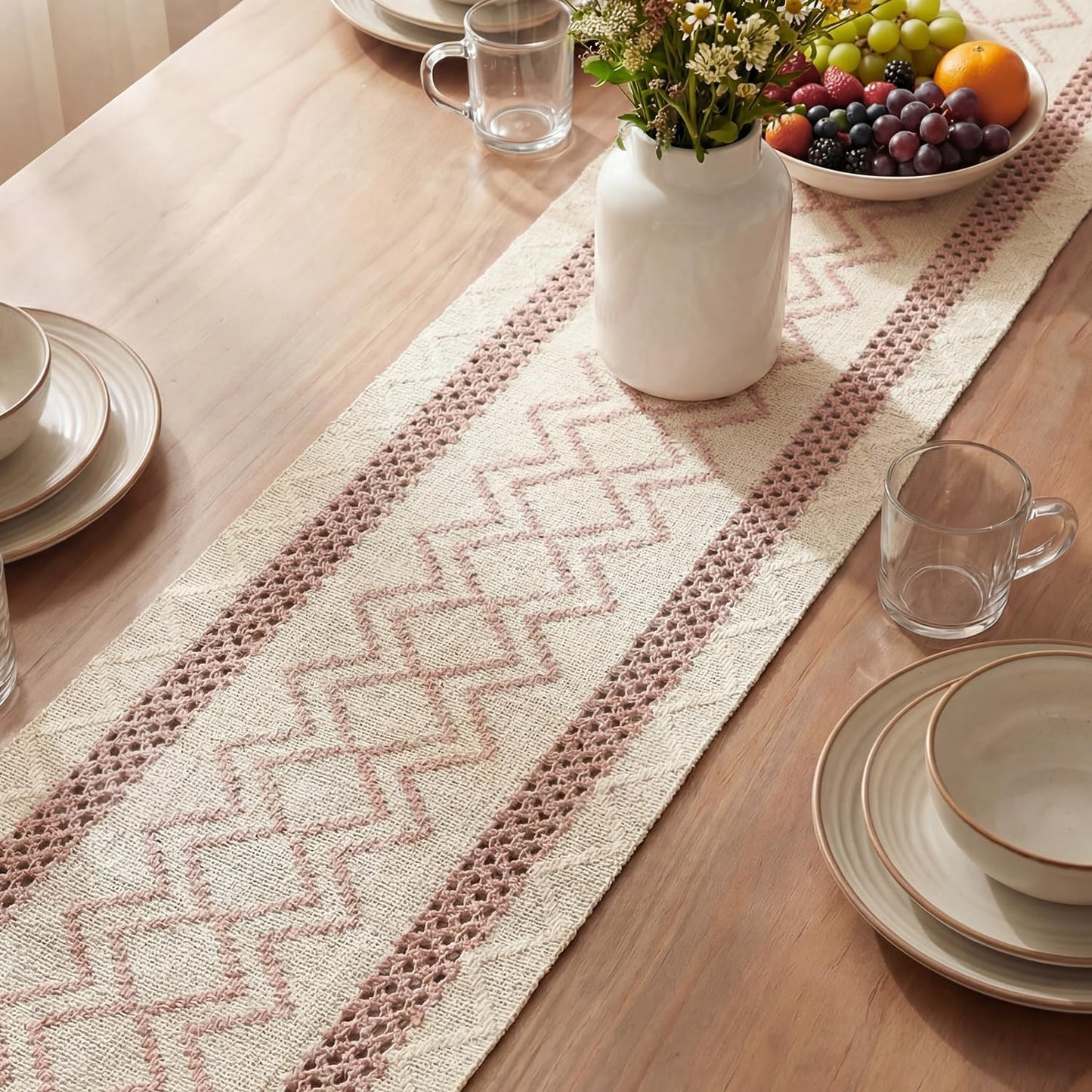 Artoid Mode Pink Stripe Diamond Pattern Woven Table Runner, Seasonal Holiday Hollow Kitchen Dining Table Decoration for Home Party Decor 12x72 Inch