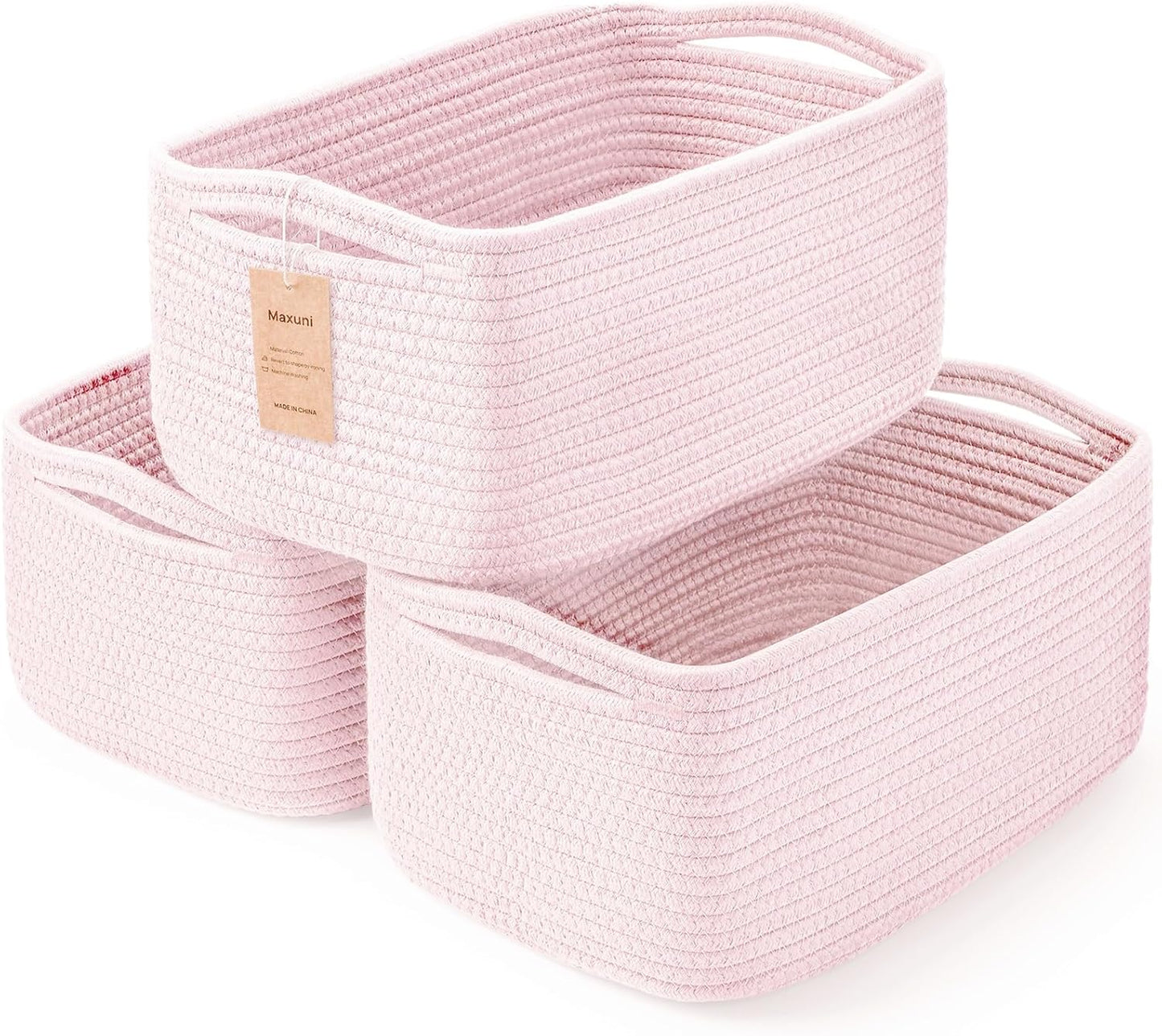 Shelf Baskets for Organizing | Storage Basket for Shelves | Small Woven Baskets | Rope Toy Basket | Closet Organizer Bins | Cube Decorative Box | 11.8×7.8×5.1” | 3 Pcs Mixed Pink