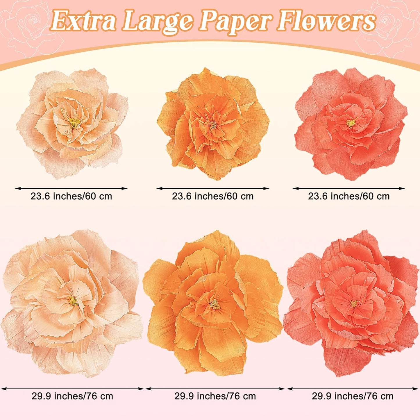 Aneco 6 Pieces Large Paper Artificial Flowers 3D Crepe Tissue Flower Wall Decor for Wedding Birthday Bachelorette Bridal Shower Backdrop Table Centerpieces Party Supplies, Peach Pink, Ivory