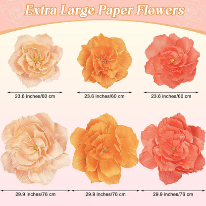 Aneco 6 Pieces Large Paper Artificial Flowers 3D Crepe Tissue Flower Wall Decor for Wedding Birthday Bachelorette Bridal Shower Backdrop Table Centerpieces Party Supplies, Peach Pink, Ivory