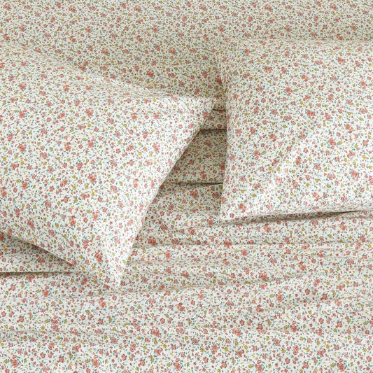 DAUAOTO 100% Cotton Bedding Printed Sheets Set for Full Size Bed Up to 14" Deep Mattress, Ditsy Floral Pattern Bedlinen Sets, Pink