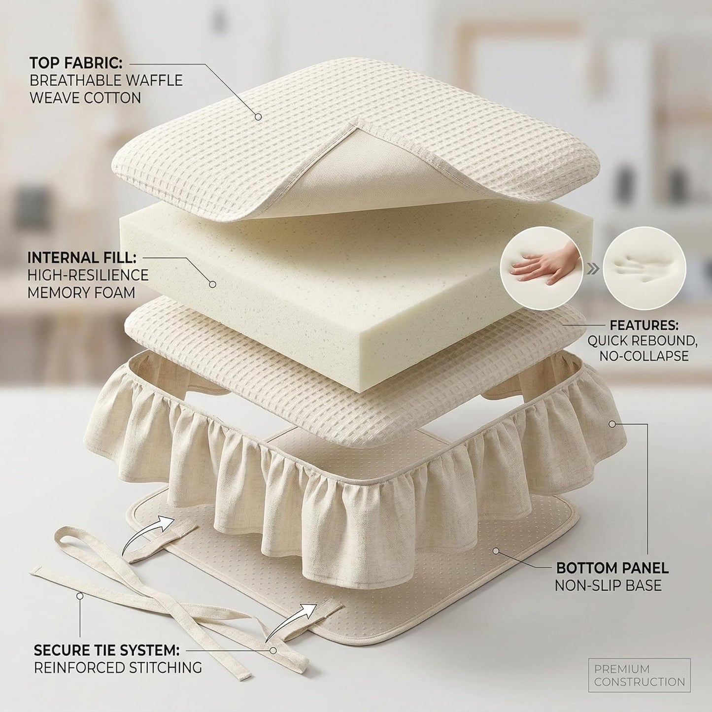 Ruffled Chair Cushion with Removable Cover & Insert, 17x18 Inch Cotton Linen Dining Chair Pad with Ties, Shabby Chic Farmhouse Seat Cushion for Kitchen (Pink)