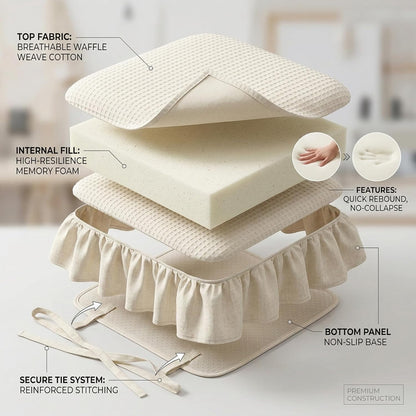 Ruffled Chair Cushion with Removable Cover & Insert, 17x18 Inch Cotton Linen Dining Chair Pad with Ties, Shabby Chic Farmhouse Seat Cushion for Kitchen (Pink)