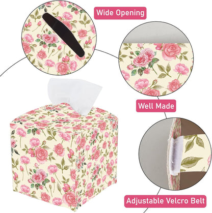 Pink Floral Tissue Box Cover Square Leather Flower Tissue Box Holder Rose Leaves Waterproof Facial Paper Organizer Dispenser for Bathroom Bedroom Kitchen Vanity Home Car Desk Countertop