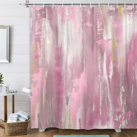 Abstract Pink Gold Shower Curtain, Modern Neutral Marble Boho Ombre Minimalist Chic Art Shower Curtain for Bathroom, Hot Pink Grey Gray Fabric Bathroom Bathtub Curtain with 12 Hooks, 47X64IN