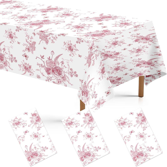 3Pcs Pink Floral Tablecloth Tea Party Tablecloth Disposable Vintage Table Cloth Pink and White Tables Decor for Spring Summer Mother's Day Birthday Garden Wedding Tea Party Supplies 54" x 108"