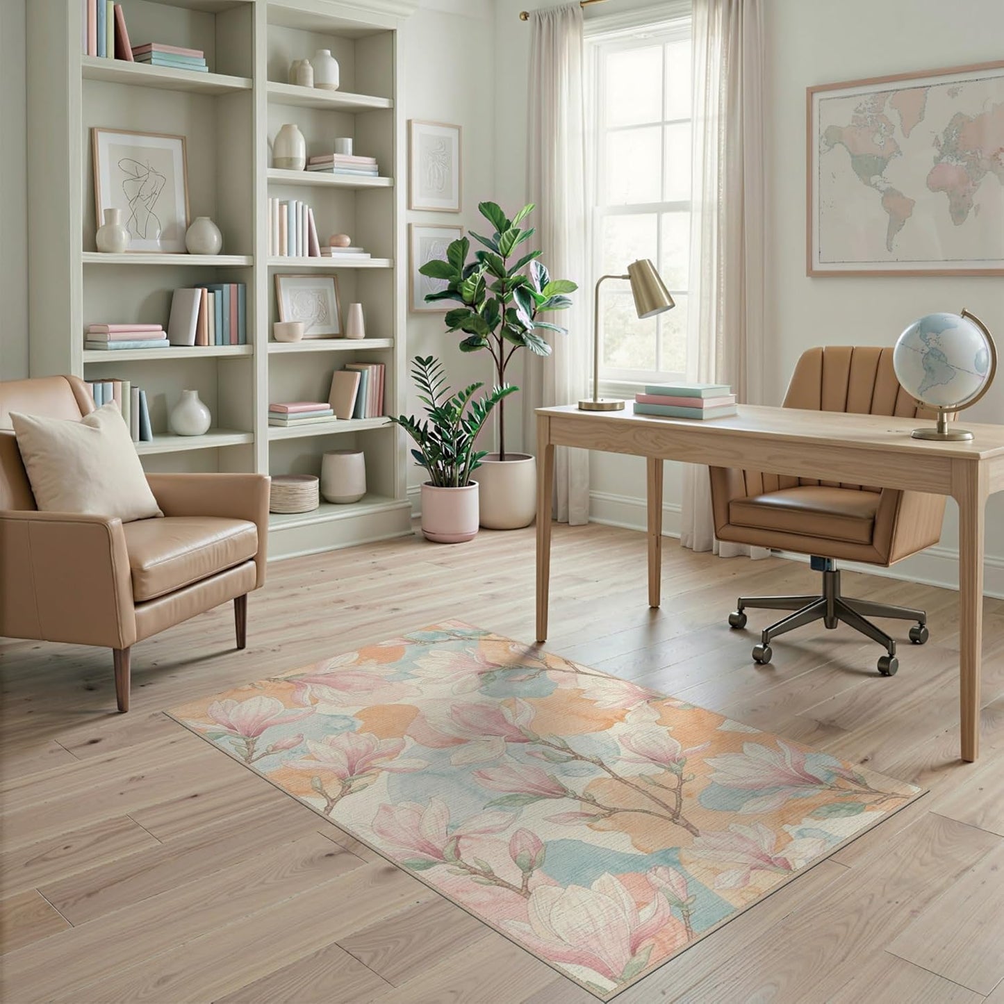 4'x6' Washable Flatwoven Rug, Peach Contemporary Floral Easy Care Throw Carpet for Dorm Room, Small Living Room, Apartment, Stain Resistant Low Profile Floor Covering | Ref:2037847