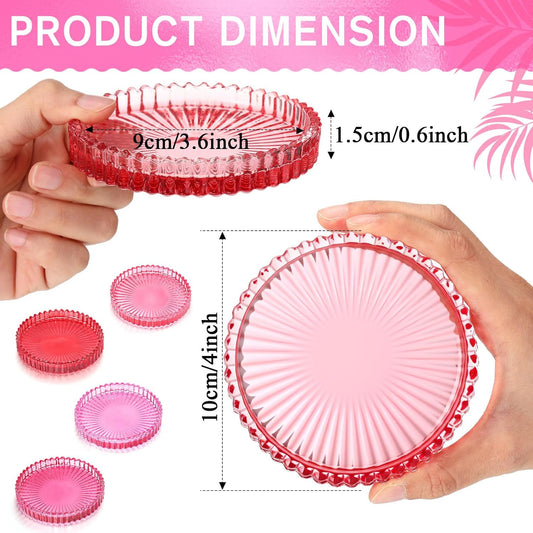 Queekay 4 Set Modern Clear Glass Coasters for Drinks Colored Glass Crystal Coasters House Warming Gifts New Home Coffee Table Decor for Office, Kitchen, Bar, Dining Room, Living Room (Pink)