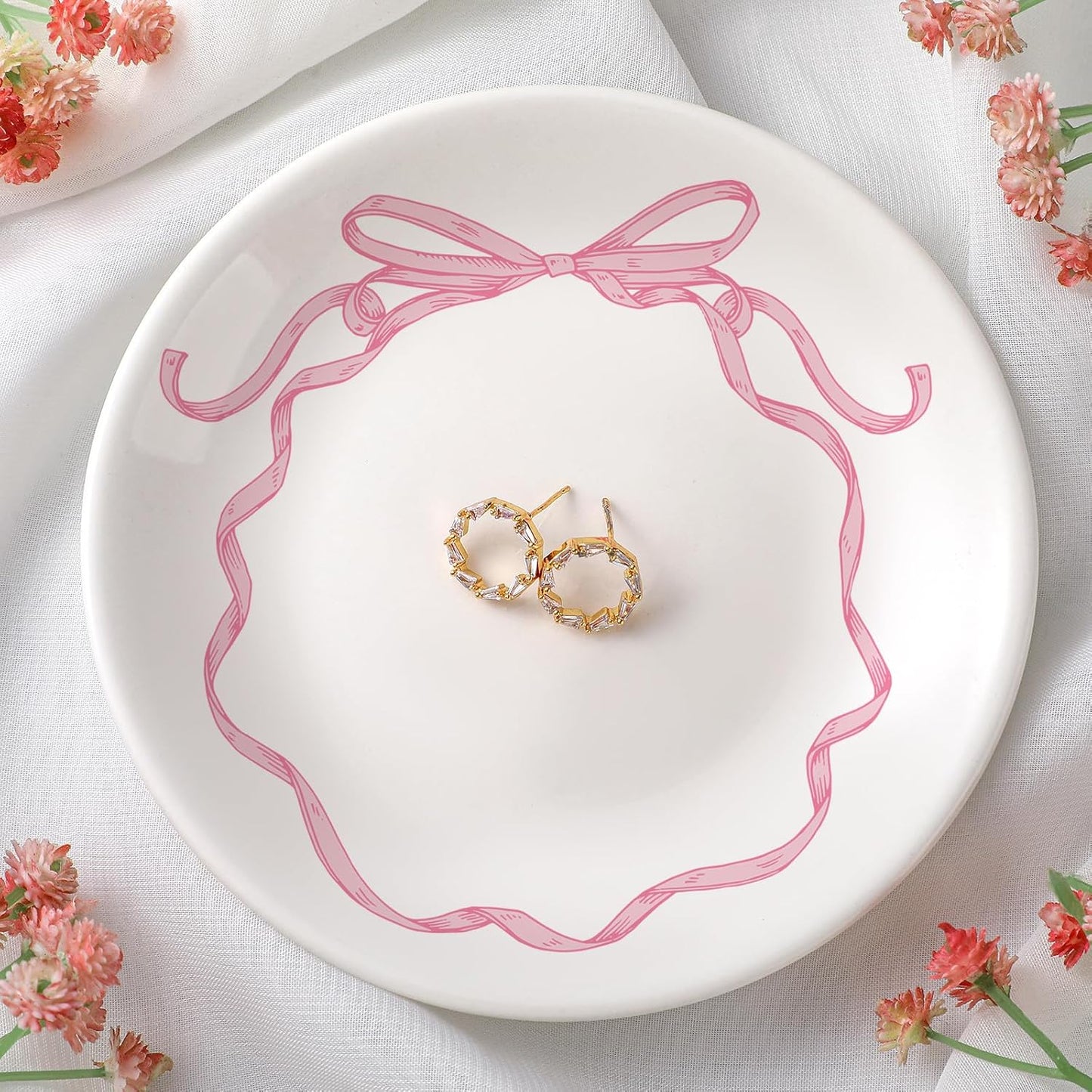 DoubleFill Pink Bow Jewelry Dish Tray Coquette Decorative Ring Dish Ceramic Trinket Tray Key Bowl for Mom Best Friend Sister Bridesmaid Gifts
