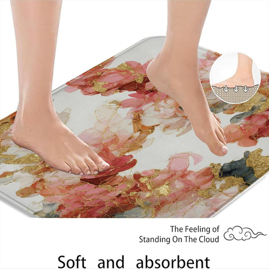 Floral Aesthetic Quick Dry Bath Mat, Elegant Peach Peony Design Absorbent Non Slip Shower Mat, Spring Decorative Memory Foam Washable Rugs for Bathroom Toilet Restroom 20x32 Inch