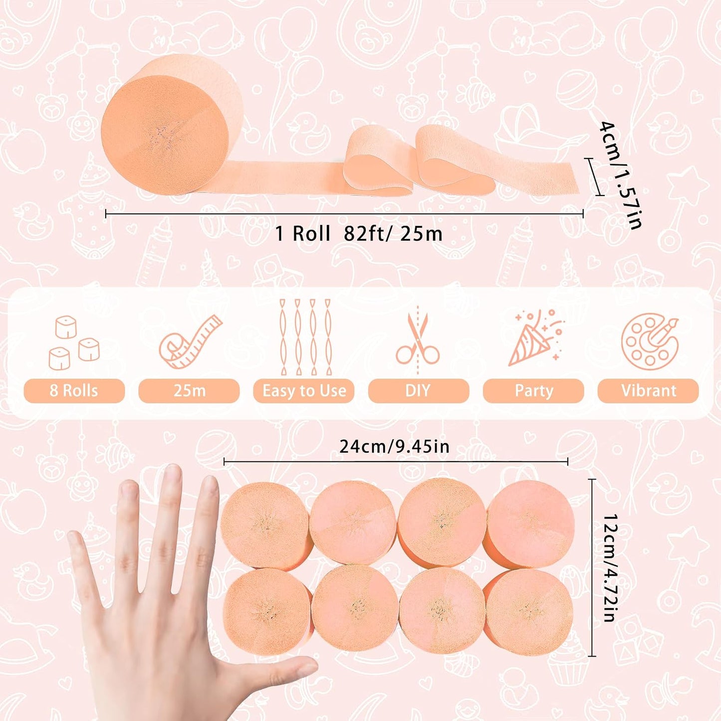 8 Rolls Crepe Paper Streamers, Peach Pink Streamers Party Decorations for Baby Shower Bridal Shower Wedding Bachelorette Party Girls Birthday Boho Decor