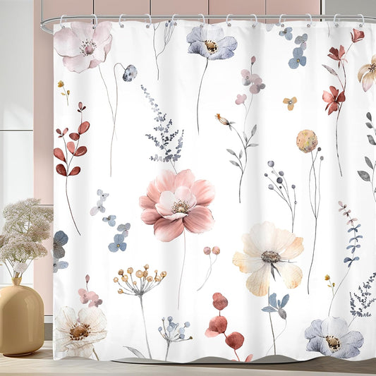 Omifly Watercolor Floral Shower Curtain 72Wx72H Inch Spring Coral Pink Flower Shower Curtains for Bathroom Modern Minimalist Wildflower Waterproof Fabric Shower Curtain Set with 12 Plastic Hooks