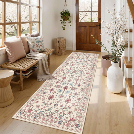 Rugxara 2x6 Floral Runner Rug, Washable Runners for Hallways, Pink Vintage Boho Kitchen Rugs, Non Slip Hallway Runner Carpet for Indoor Hallway, Kitchen, Laundry Room and Bathroom