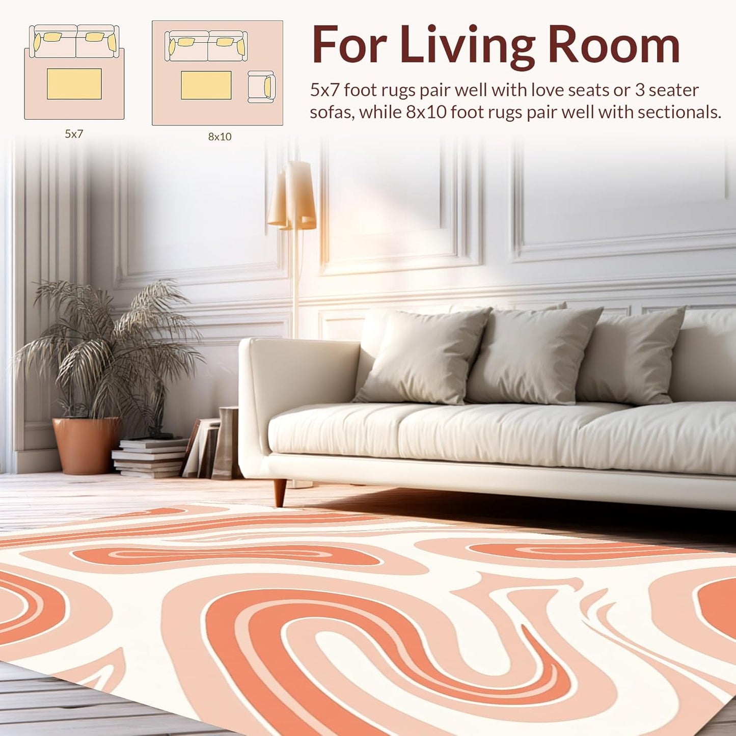 Design&I Flatwoven Area Rug 4x6 ft, Artistic Abstract in Peach and Cream Swirls, Machine Washable, Stain Resistant Indoor Rug for Living Room, Bedroom, Non Slip Decor (Pad)