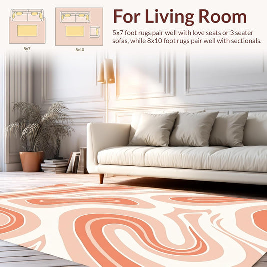 Design&I Flatwoven Area Rug 4x6 ft, Artistic Abstract in Peach and Cream Swirls, Machine Washable, Stain Resistant Indoor Rug for Living Room, Bedroom, Non Slip Decor (Pad)