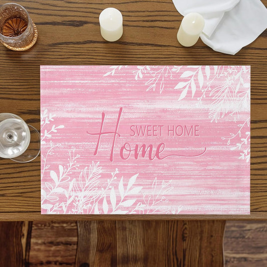 Vintage Blush Pink Placemats Set of 4, Cotton Linen Fabric Place Mats, Farmhouse Florals Leaf Coastal Home Washable Decorative Table Mats Protector for Home Kitchen Dining Wedding Party Coffee Tables