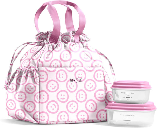 Fit & Fresh Cromwell Drawstring Lunch Bag for Women, Complete Lunch Set with 2 Containers, Stain-Resistant, Leak-Resistant, Back to School Essential, Teacher Lunchbox, All Smiles Pink