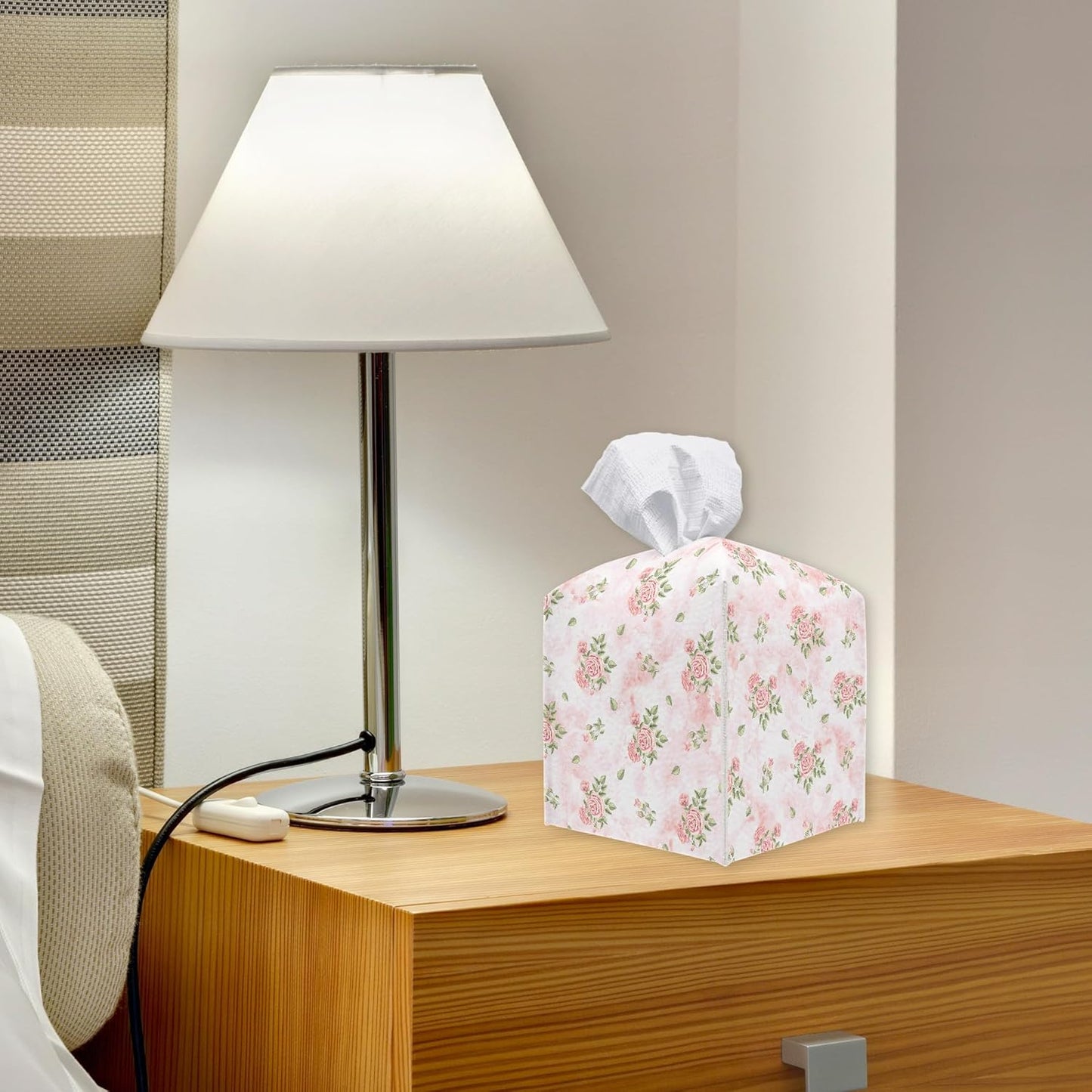 Pink Roses Tissue Box Cover Square - Decorative Waterproof Leather Tissue Box Holder for Home, Office, Bathroom - Paper Organizer Dispenser for Tabletop Countertop Night Stands Desk - A10
