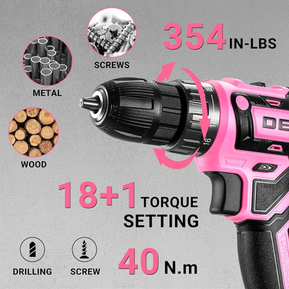 Power Drill Cordless: DEKOPRO 20V Electric Drills with 3/8-Inch Keyless Chuck, Variable Speed, Power Cordless Drill Set Tool with 2 Batteries, Charger&30 Accessories(Pink)