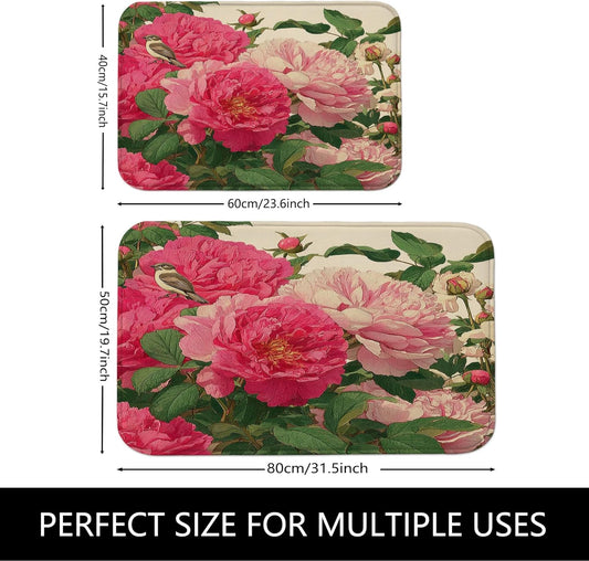 Spring Peony Floral Quick Dry Bath Mat, Vintage Peach Flower Plants Absorbent Non Slip Shower Mat, Elegant Memory Foam Washable Bath Rugs for Bathroom Toilet Restroom Decorative 20x32 Inch
