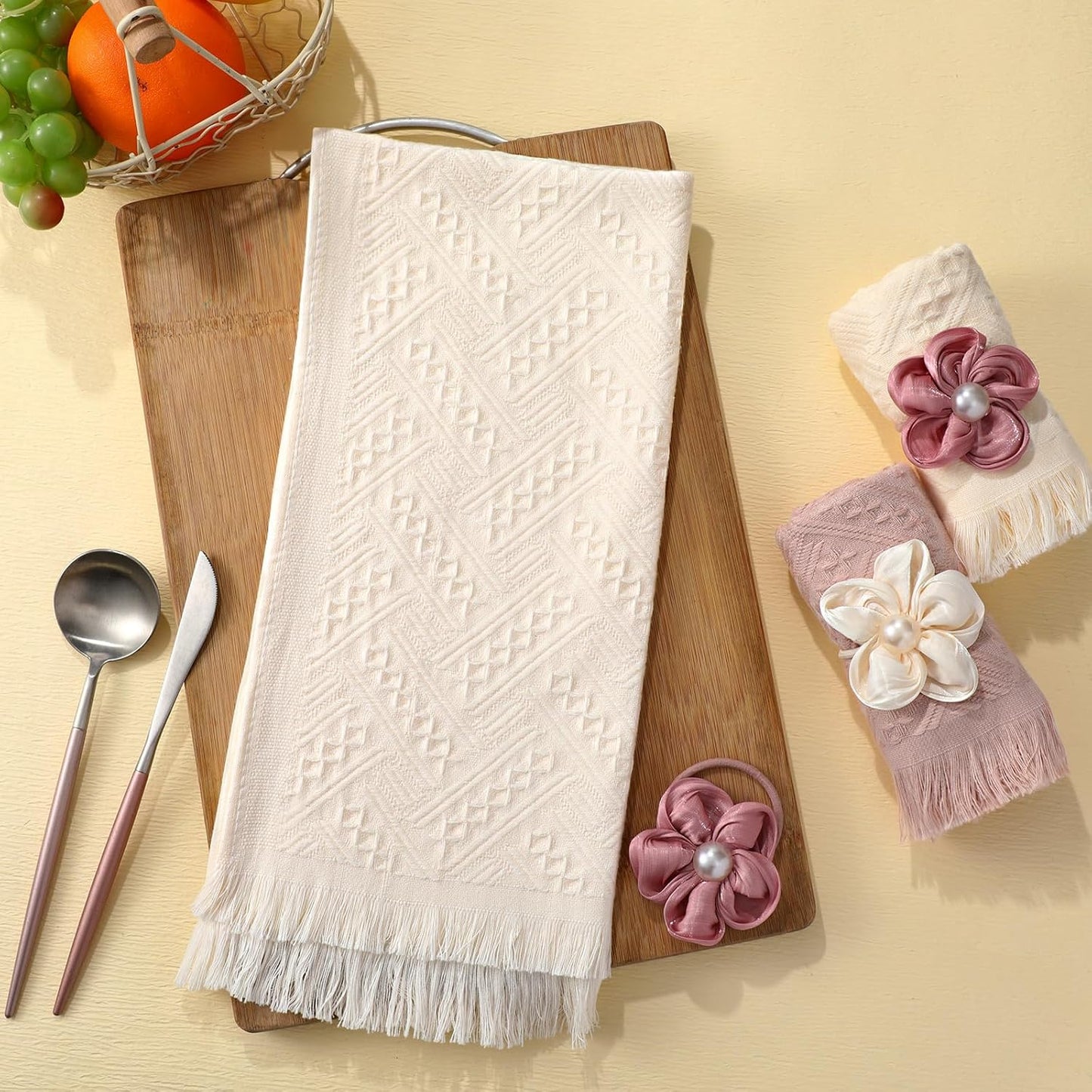 Tegeme 3 Pcs Spring Decorative Pink Mauve Hand Towels with Flower Hairband 13 x 29'' Pink Coquette Floral Towels for Bathroom Cotton Absorbent Bath Decor for Wedding Birthday Gift Yoga Spa