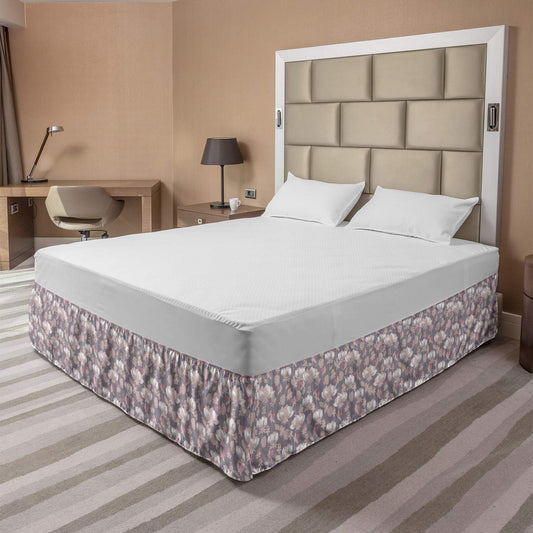 Lunarable Peonies Bedskirt, Pastel Vintage Blooms Pattern Meadow Field Blooms Old Fashioned Flower, Bedroom Decor Wrap Around Elastic Bed Skirt Gathered Design, Queen, Grey Pink Pale Peach
