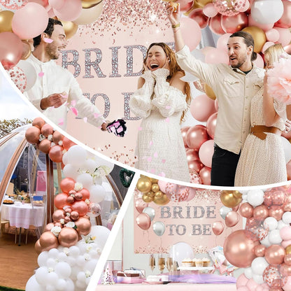 121 Pcs Bachelorette Party Decorations Kit Rose Gold Bridal Shower Balloons Decor Bride to Be Backdrop, Sash, Veil, Crown, Diamond Ring Foil Balloons, Photo Booth Props Supplies