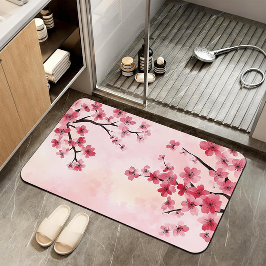 Pink Flower Bath Mat,Cherry Blossom Diatomaceous Earth Bath Mat,Rubber Backing Quick Dry Absorbent Washable Bathroom Rugs for Tub Non Slip 17"x29.5"
