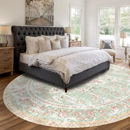 Vhong Boho Area Rugs Vintage Washable Modern Neutral Carpet Green and Pink 9×9 High Traffic Round Rugs for Dinning Room Living Room Bedroom Farmhouse Non Slip